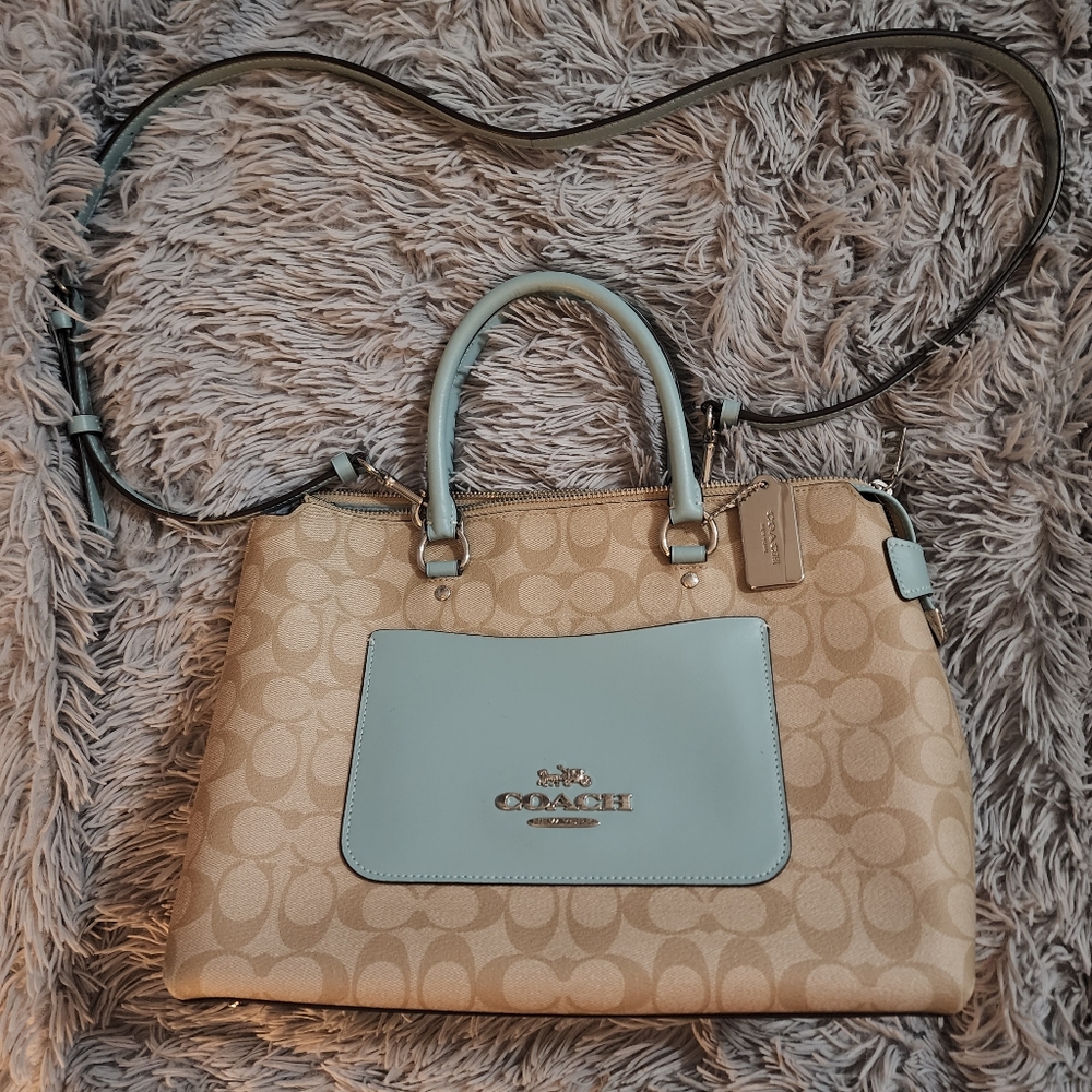 Coach signature canvas khaki/light blue purse